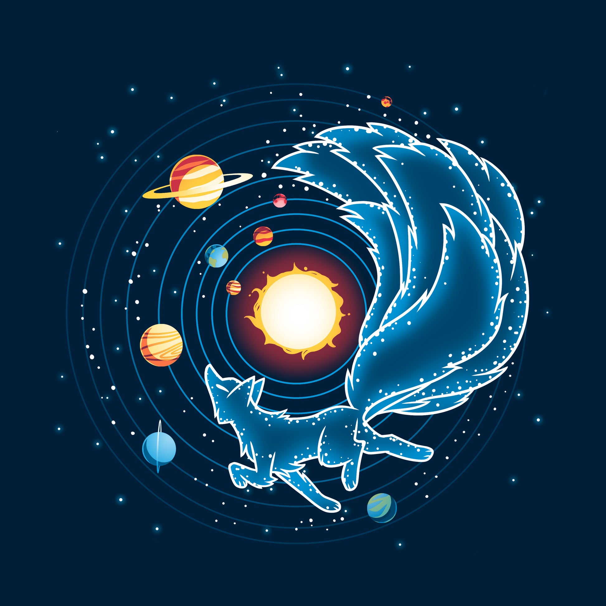 Classic Cotton T-shirt_TeeTurtle Kitsune Constellation navy blue t-shirt featuring the celestial outline of a kitsune Constellation, with a starry tail circling the sun, surrounded by planets and orbiting lines on a dark background.