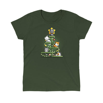 Classic Cotton T-shirt_TeeTurtle forest green Kitty Christmas Tree t-shirt featuring a group of cats on a cat tree with holiday decor draped on it.