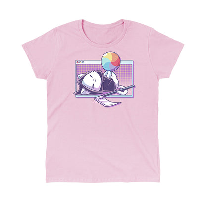 Classic Cotton T-shirt_TeeTurtle light pink Kitty Wheel of Death featuring a cat in a grim reaper costume balancing a ball that looks like a loading screen icon with a computer window in the background.