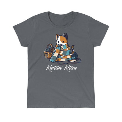 Classic Cotton T-shirt_TeeTurtle Knittin' Kitten charcoal gray t-shirt featuring a calico cat knitting a long scarf that’s wrapped around it with a basket of yarn next to it.