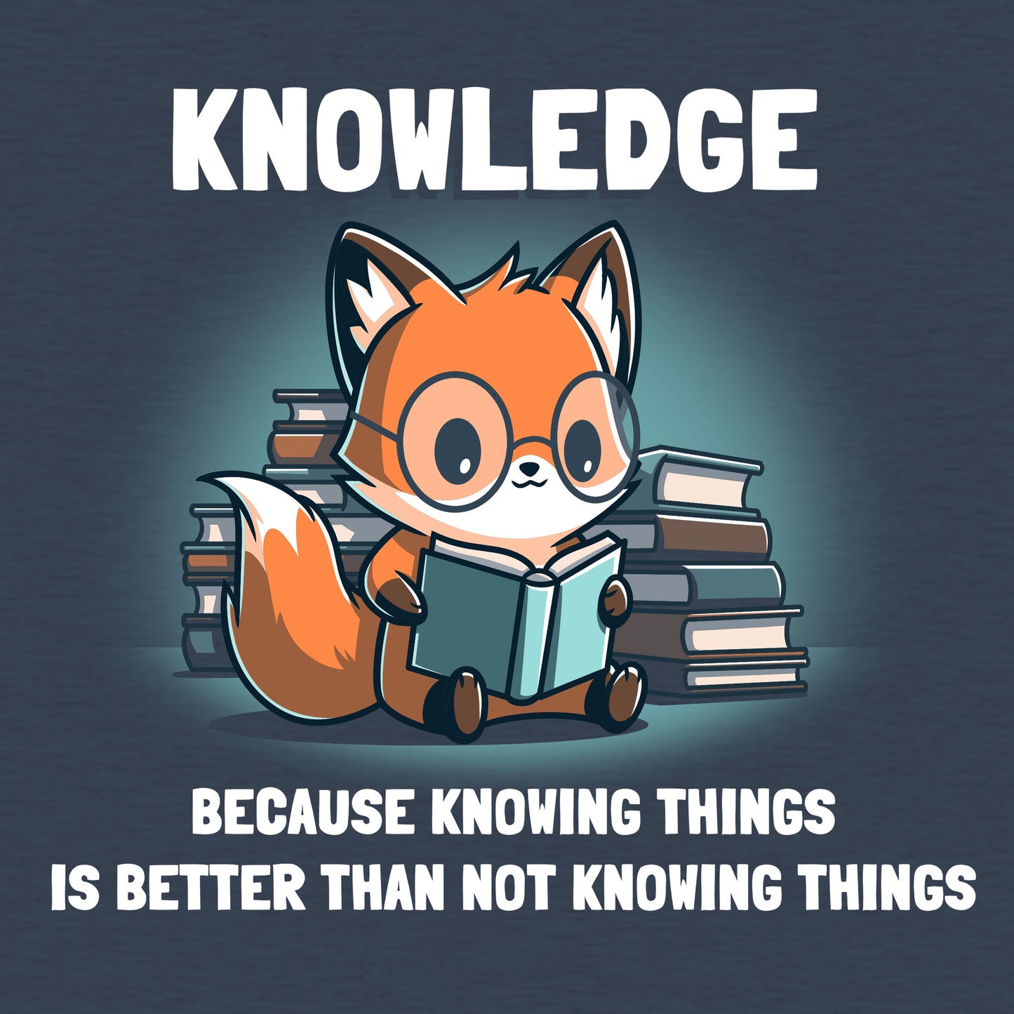 Classic Cotton T-shirt _TeeTurtle Knowing Things Heather Navy Blue t-shirt featuring a fox wearing glasses, reading a book, with stacks of books behind it. 