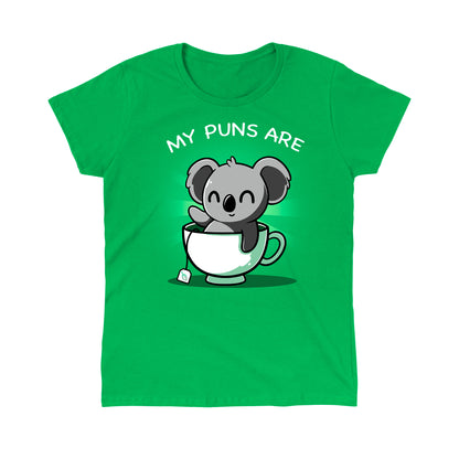 Classic Cotton T-shirt_TeeTurtle Koala Tea Puns irish green  t-shirt featuring a koala sitting in a tea cup with a pun below it.