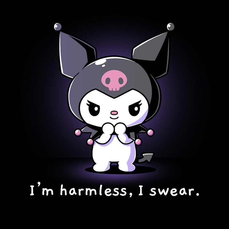 Classic Cotton T-shirt_TeeTurtle black I'm Harmless, I Swear apparel featuring Kuromi with a mischievous expression and her paws clasped together underneath her chin with the bottom caption, “I'm Harmless, I Swear.“.