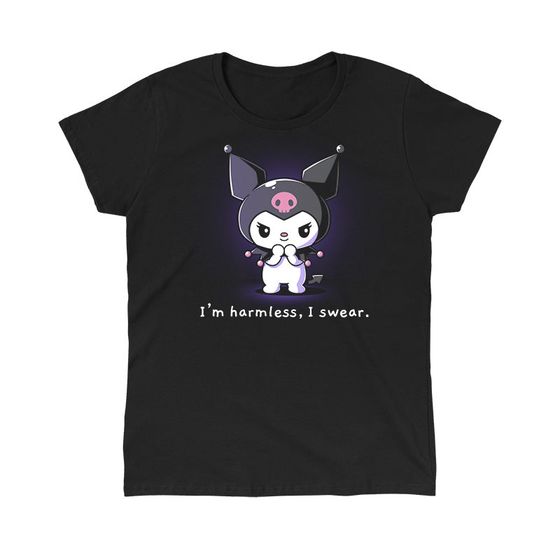 Classic Cotton T-shirt_TeeTurtle black I'm Harmless, I Swear apparel featuring Kuromi with a mischievous expression and her paws clasped together underneath her chin with the bottom caption, “I'm Harmless, I Swear.“.