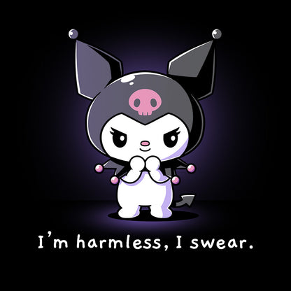 Pullover Hoodie_TeeTurtle black I'm Harmless, I Swear apparel featuring Kuromi with a mischievous expression and her paws clasped together underneath her chin with the bottom caption, “I'm Harmless, I Swear.“.