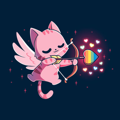 Pullover Hoodie_TeeTurtle navy blue LGBTQ-pid Kitty. Featuring a pink Cupid cat shooting an arrow with a rainbow heart at the tip.