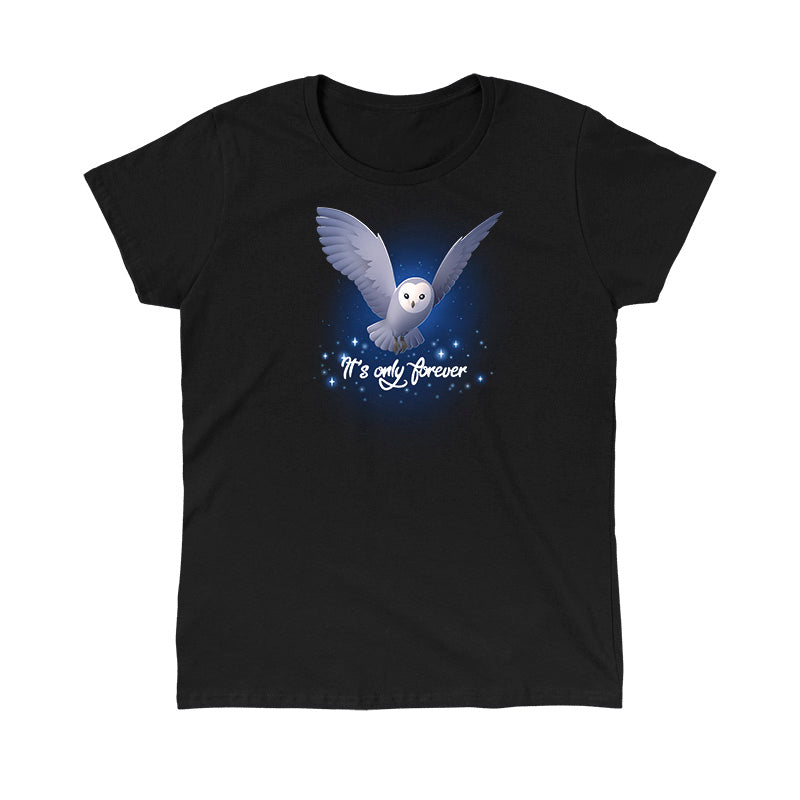 Classic Cotton T-shirt_TeeTurtle black It's Only Forever apparel featuring Jareth the Goblin King from the Labyrinth as a barn owl with its wings extended, and the caption in script, “It's Only Forever“.
