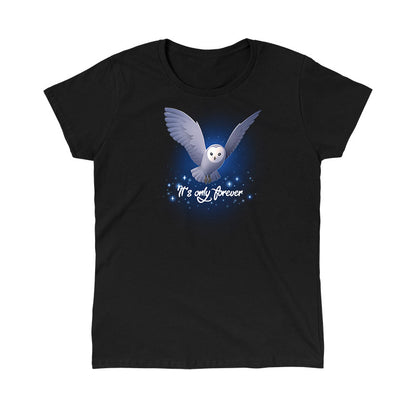 Classic Cotton T-shirt_TeeTurtle black It's Only Forever apparel featuring Jareth the Goblin King from the Labyrinth as a barn owl with its wings extended, and the caption in script, “It's Only Forever“.