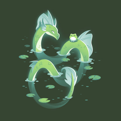 Classic Cotton T-shirt_TeeTurtle forest green Lagoon Dragon apparel featuring an artistic dragon in a lagoon with lily pads around it and a frog sitting on it's back.
