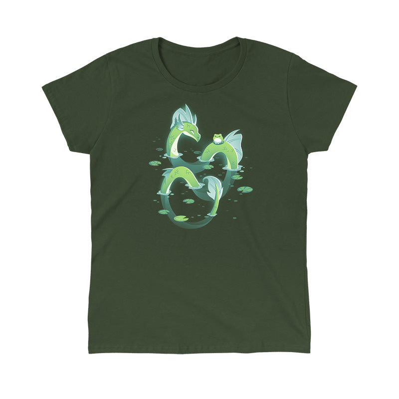 Classic Cotton T-shirt_TeeTurtle Lagoon Dragon forest green t-shirt featuring an artistic dragon in water with a frog on him.