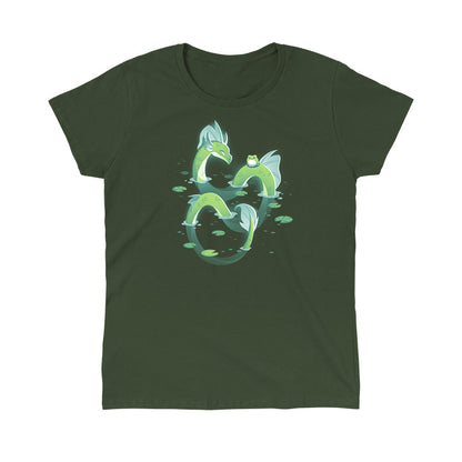 Classic Cotton T-shirt_TeeTurtle Lagoon Dragon forest green t-shirt featuring an artistic dragon in water with a frog on him.