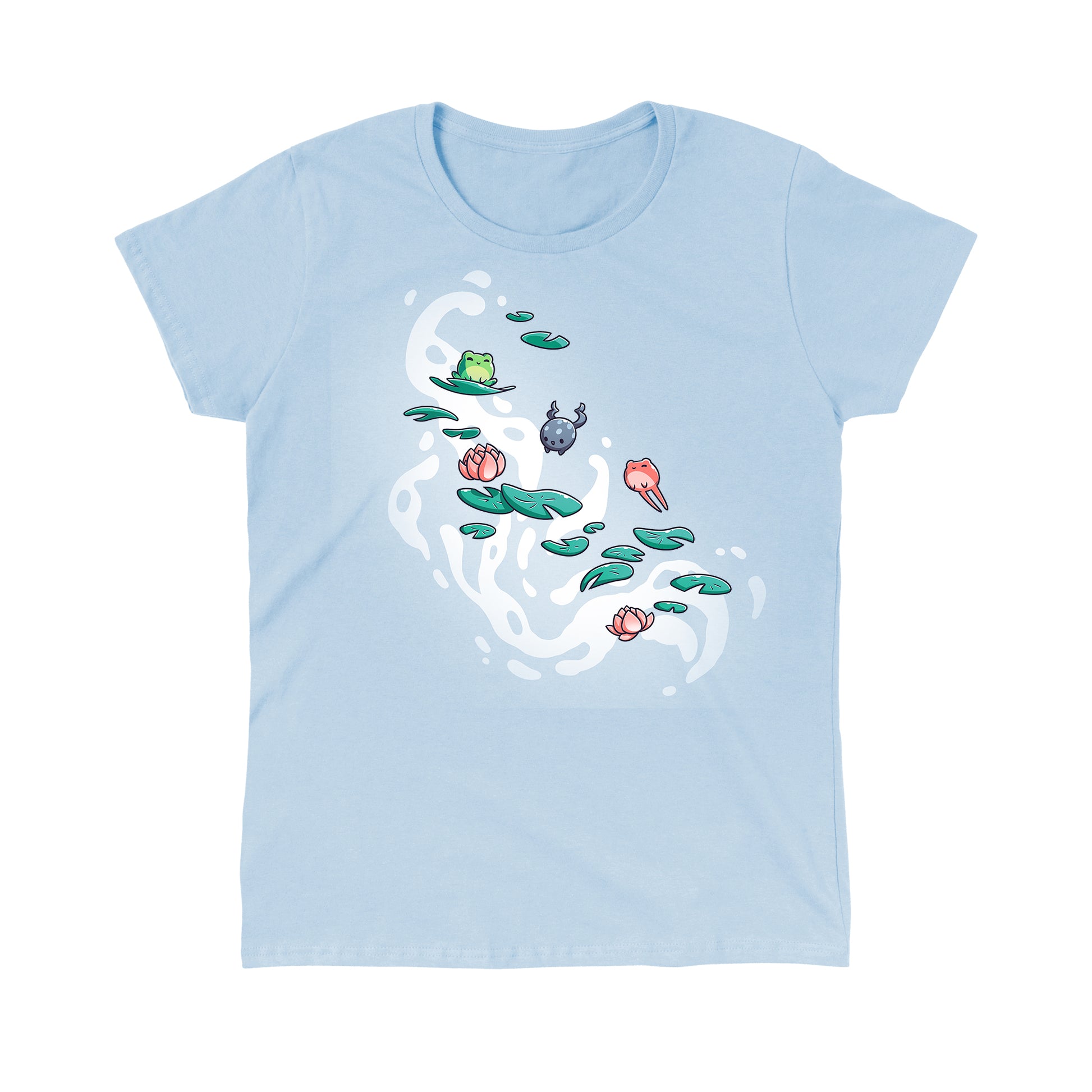 Classic Cotton T-shirt_TeeTurtle Leaping Lily Pads light blue t-shirt featuring a green, gray and red frog hopping onto lily pads.