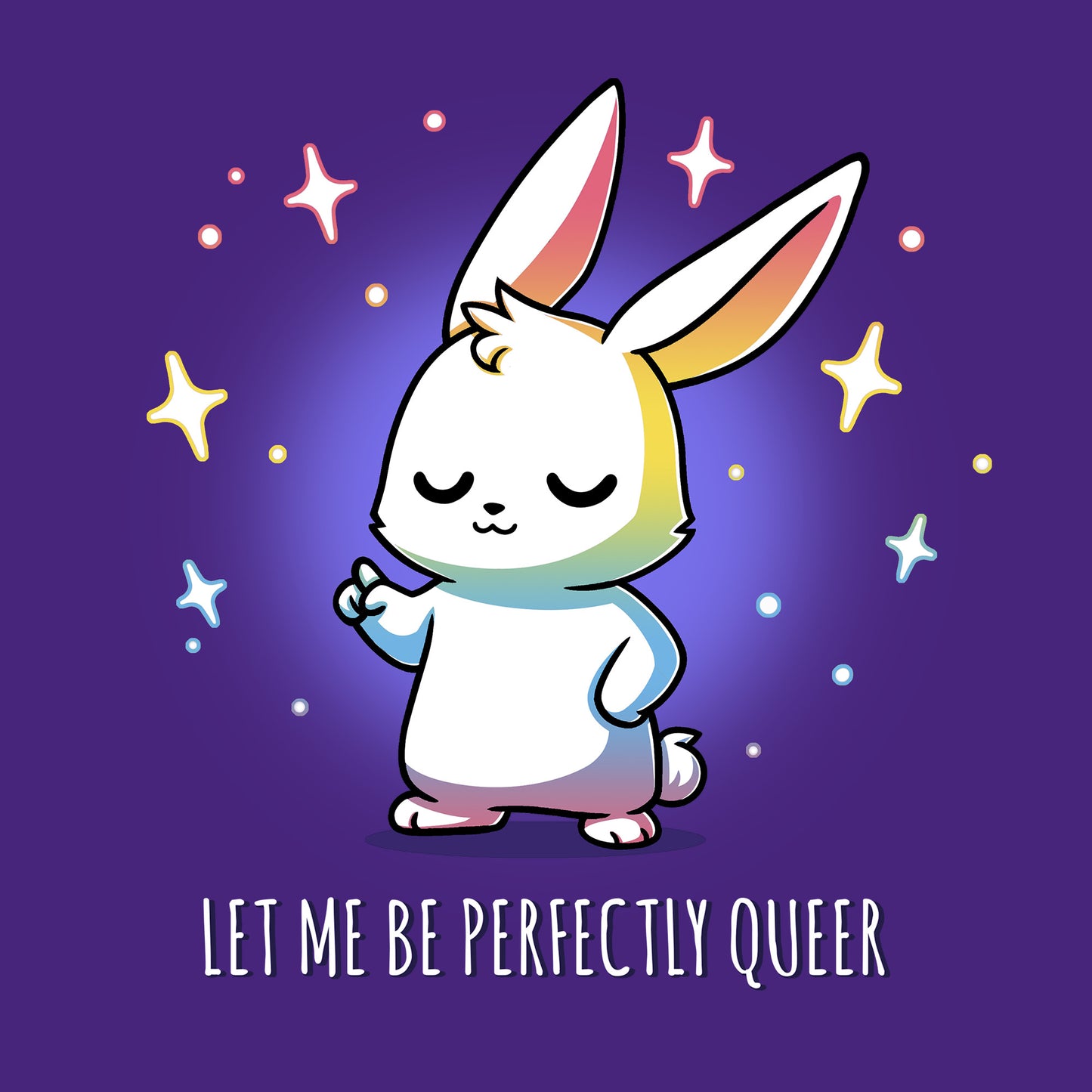 Classic Cotton T-shirt_TeeTurtle Let Me Be Perfectly Queer purple t-shirt featuring a confident rabbit with closed eyes, surrounded by stars.