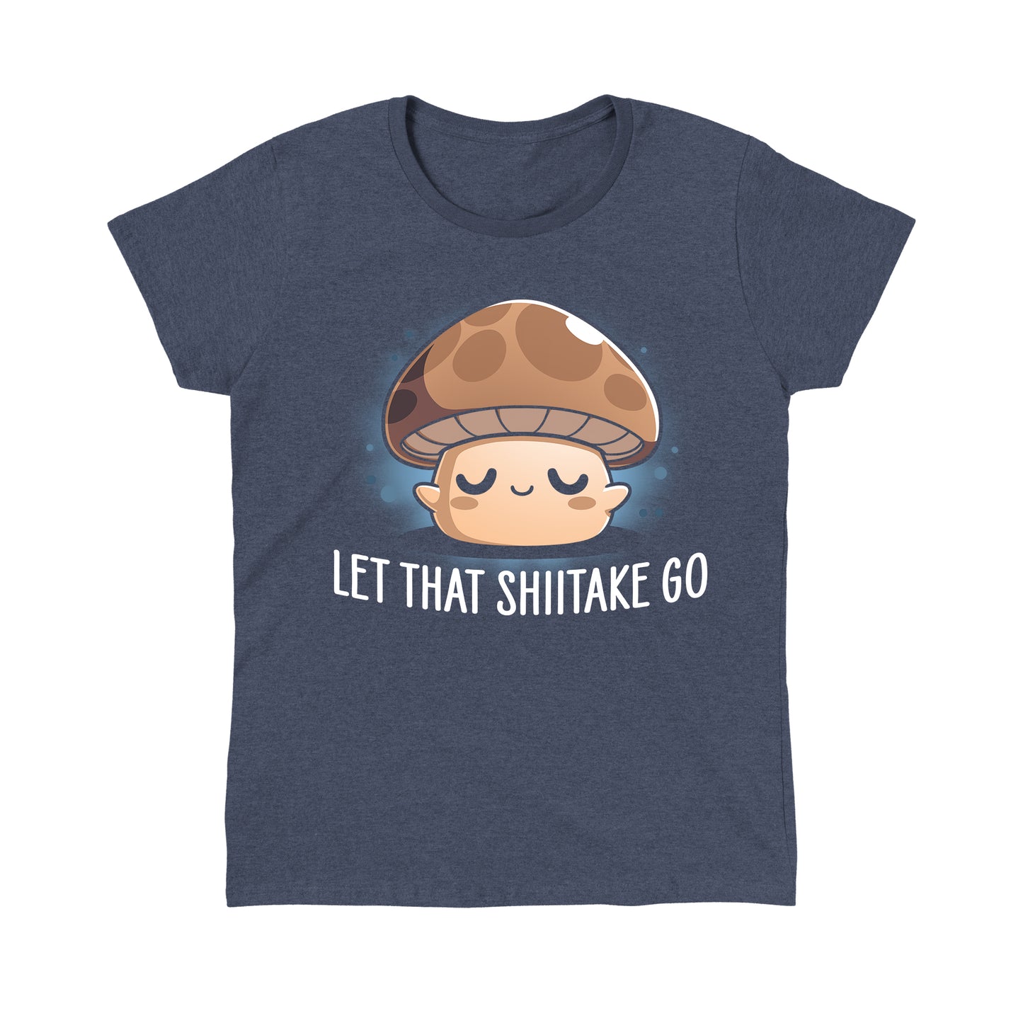 Classic Cotton T-shirt_TeeTurtle Let That Shiitake Go heather navy t-shirt featuring a cute zen mushroom with its eyes closed and a pun underneath it.