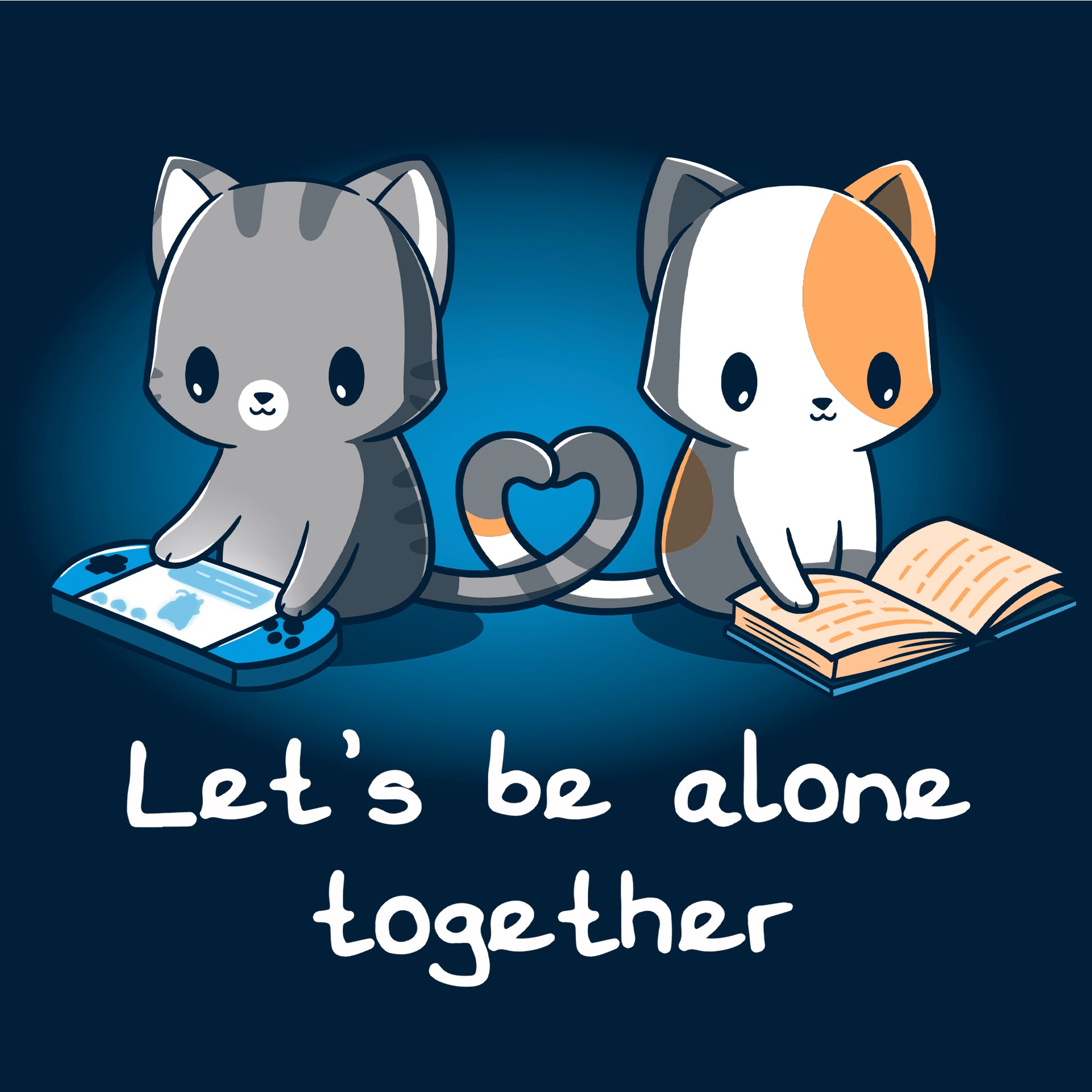 Crew Neck Sweatshirt_Two cartoon cats, one gray playing a handheld game and the other orange and white reading a book, sit with their tails forming a heart shape. On this navy blue apparel made from 100% super soft ringspun cotton, the text reads, "Let's Be Alone Together." This delightful design is from monsterdigital's "Let's Be Alone Together" collection.