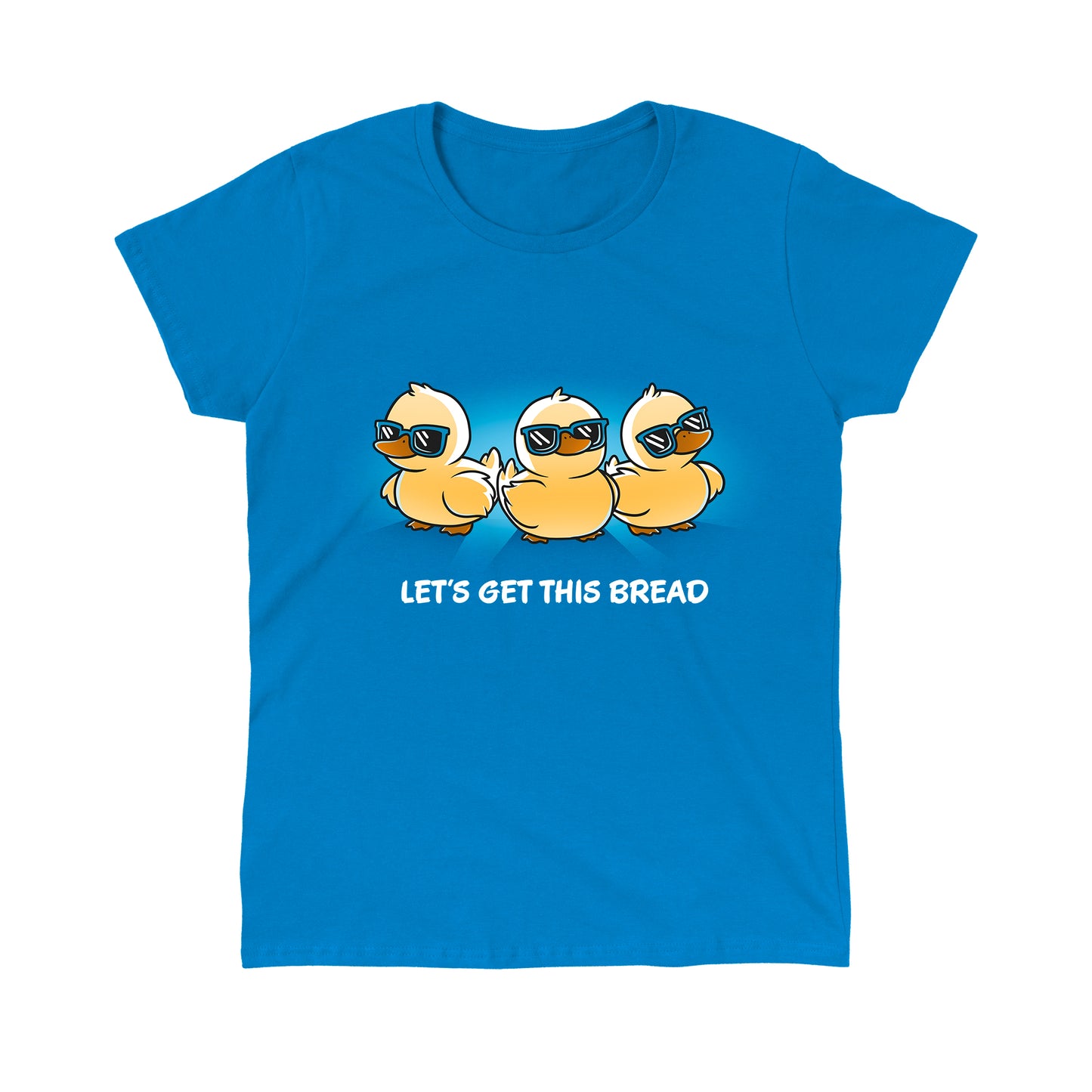 Classic Cotton T-shirt_TeeTurtle Lets Get This Bread sapphire blue T-shirt featuring Three cartoon ducklings wearing sunglasses.