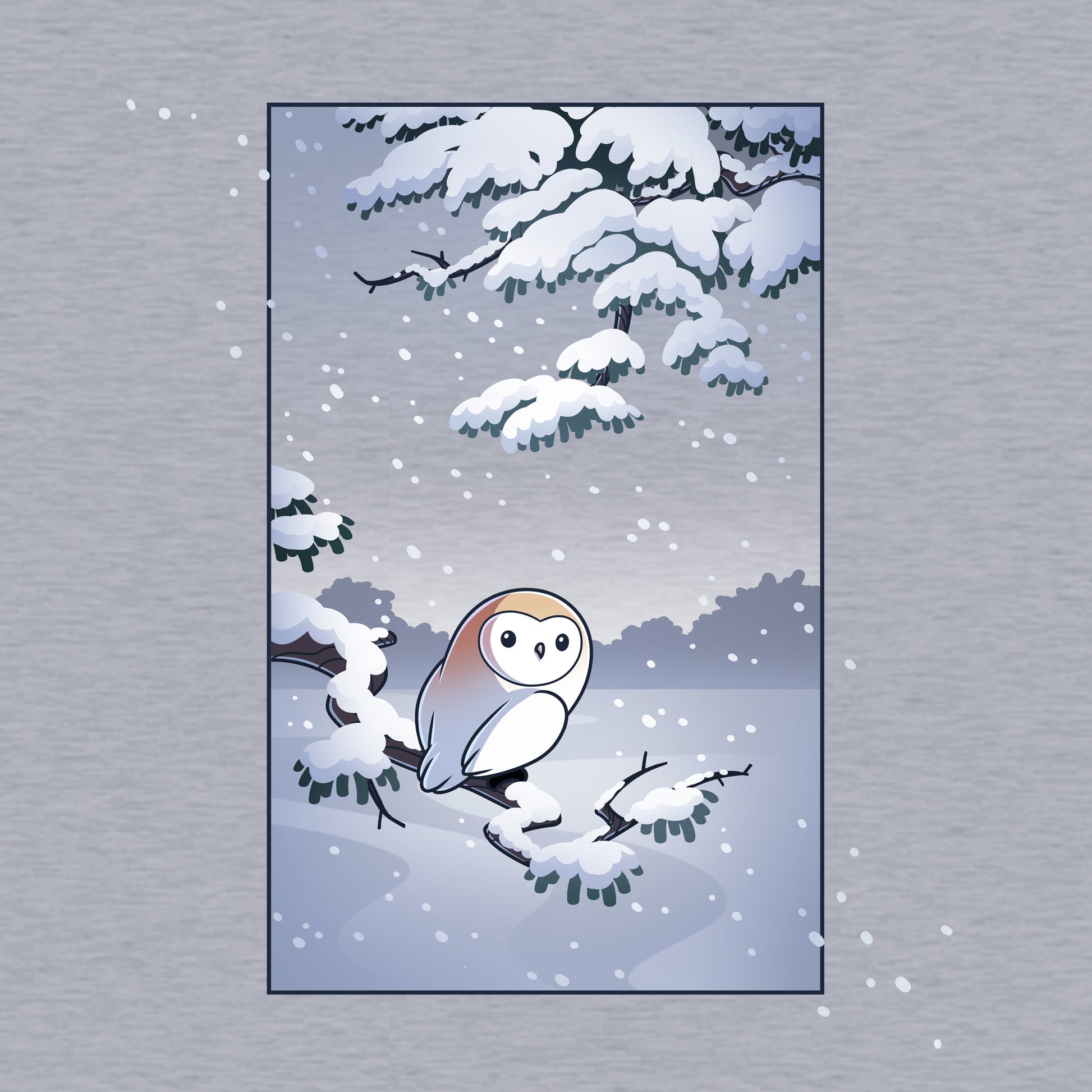 Pullover Hoodie_TeeTurtle heather gray Snowy Owl apparel featuring a barn owl perched on a snowy branch with snow falling in the background.