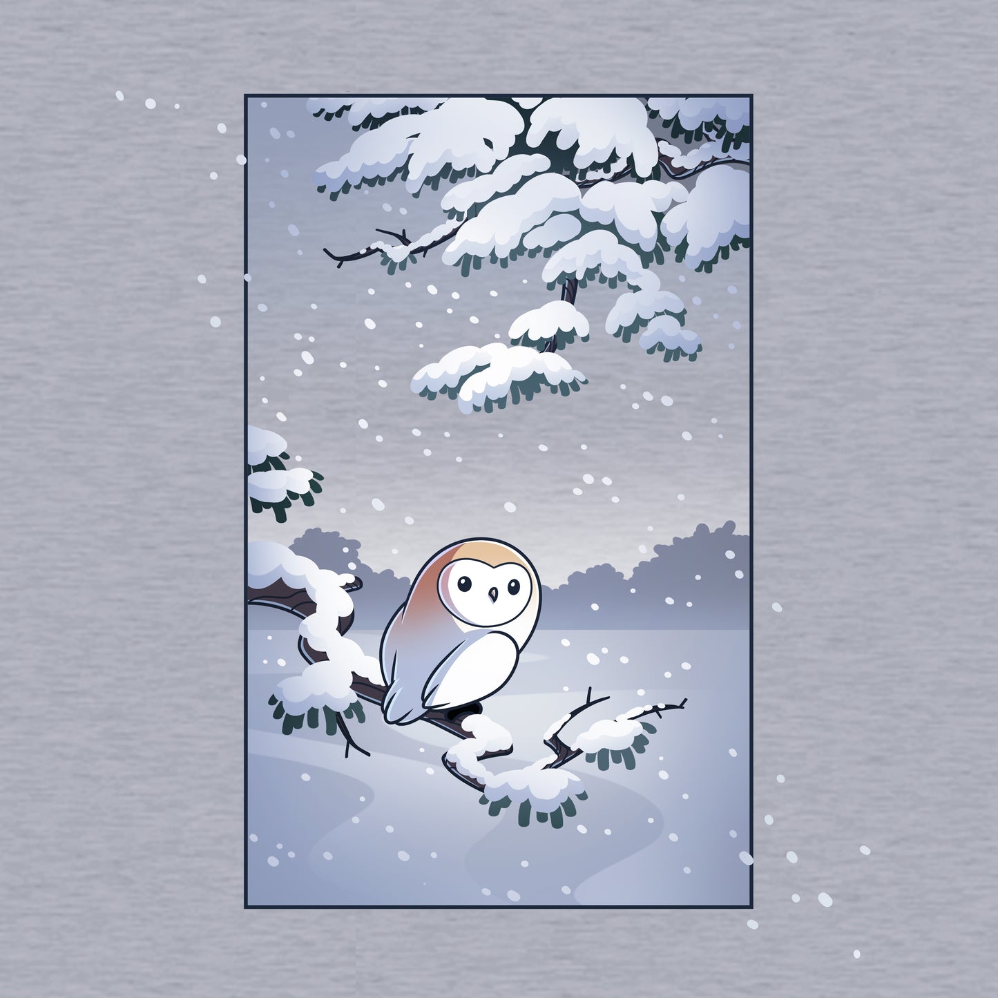 Long Sleeve T-shirt_TeeTurtle heather gray Snowy Owl apparel featuring a barn owl perched on a snowy branch with snow falling in the background.