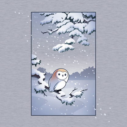 Crew Neck Sweatshirt_TeeTurtle heather gray Snowy Owl apparel featuring a barn owl perched on a snowy branch with snow falling in the background.