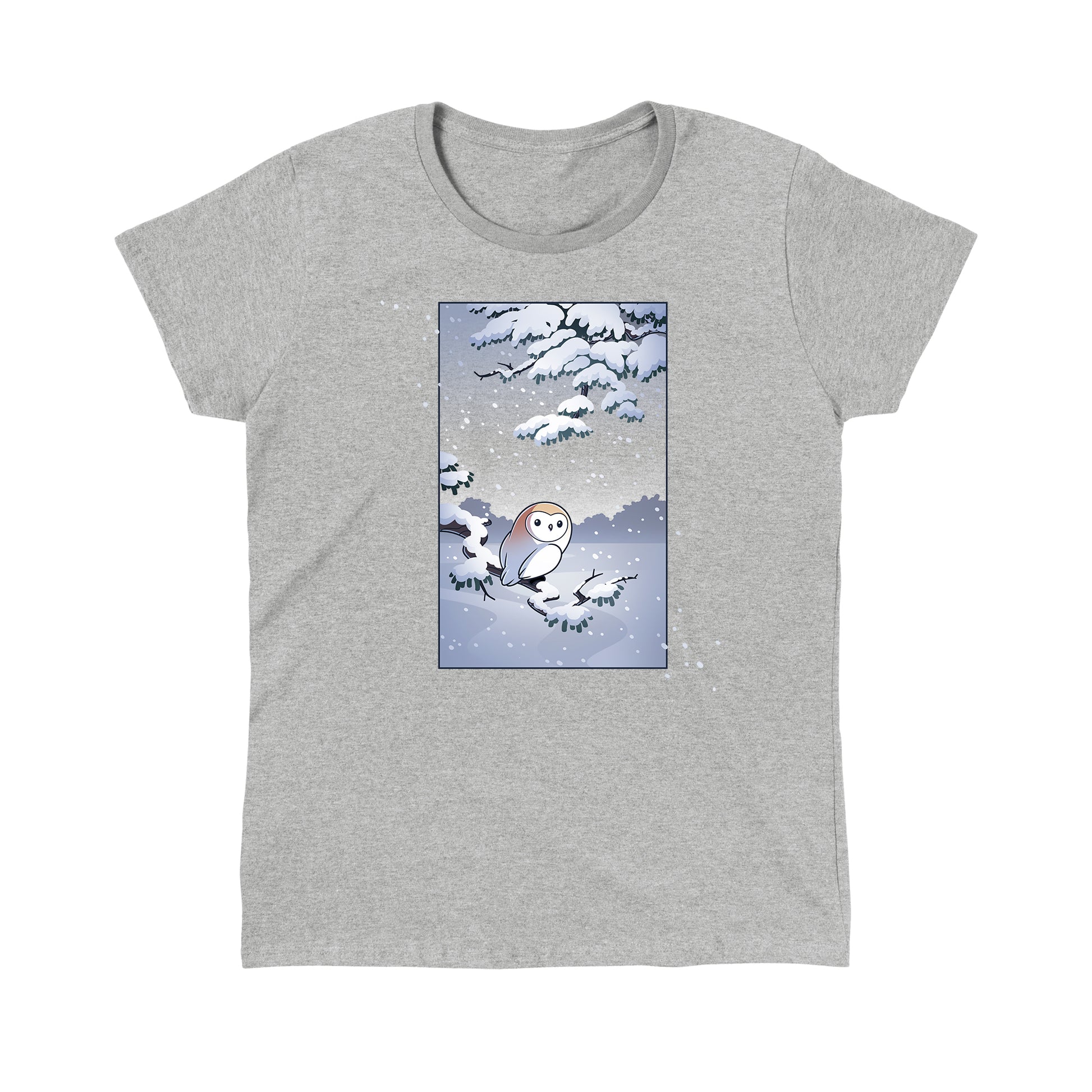 Classic Cotton T-shirt_TeeTurtle heather gray Snowy Owl apparel featuring a barn owl perched on a snowy branch with snow falling in the background.