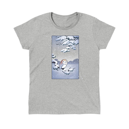 Classic Cotton T-shirt_TeeTurtle heather gray Snowy Owl apparel featuring a barn owl perched on a snowy branch with snow falling in the background.