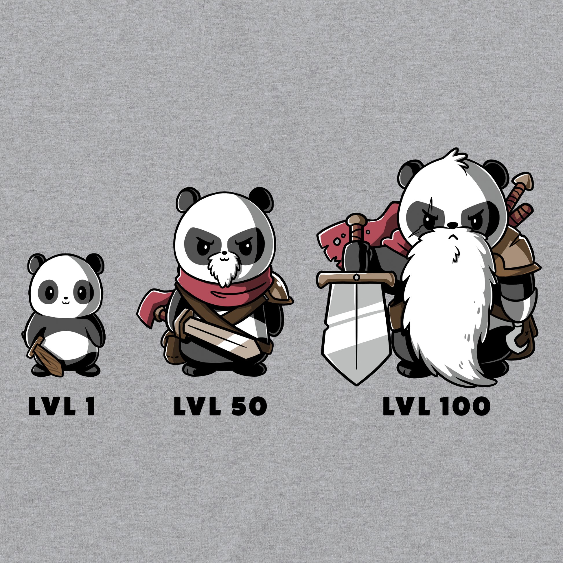 Long Sleeve T-shirt_TeeTurtle heather gray Level Up. Featuring a panda at different levels and getting more armor as it levels up.