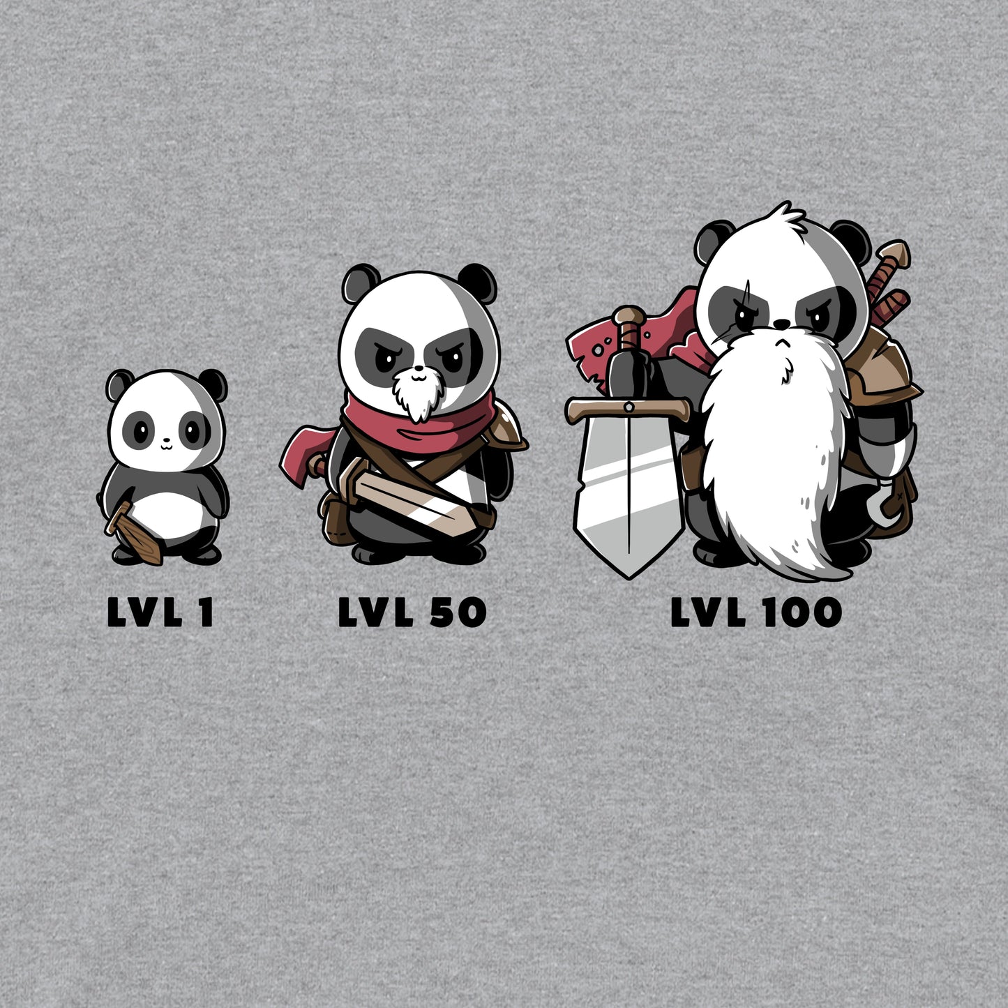 Pullover Hoodie_TeeTurtle heather gray Level Up. Featuring a panda at different levels and getting more armor as it levels up.