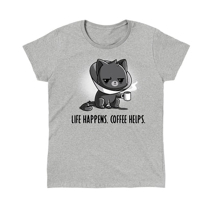 Classic Cotton T-shirt_TeeTurtle Life Happens. Coffee Helps. heather gray t-shirt featuring a cat with a medical cone holding a steaming mug. The text below reads, "Life happens. Coffee helps."