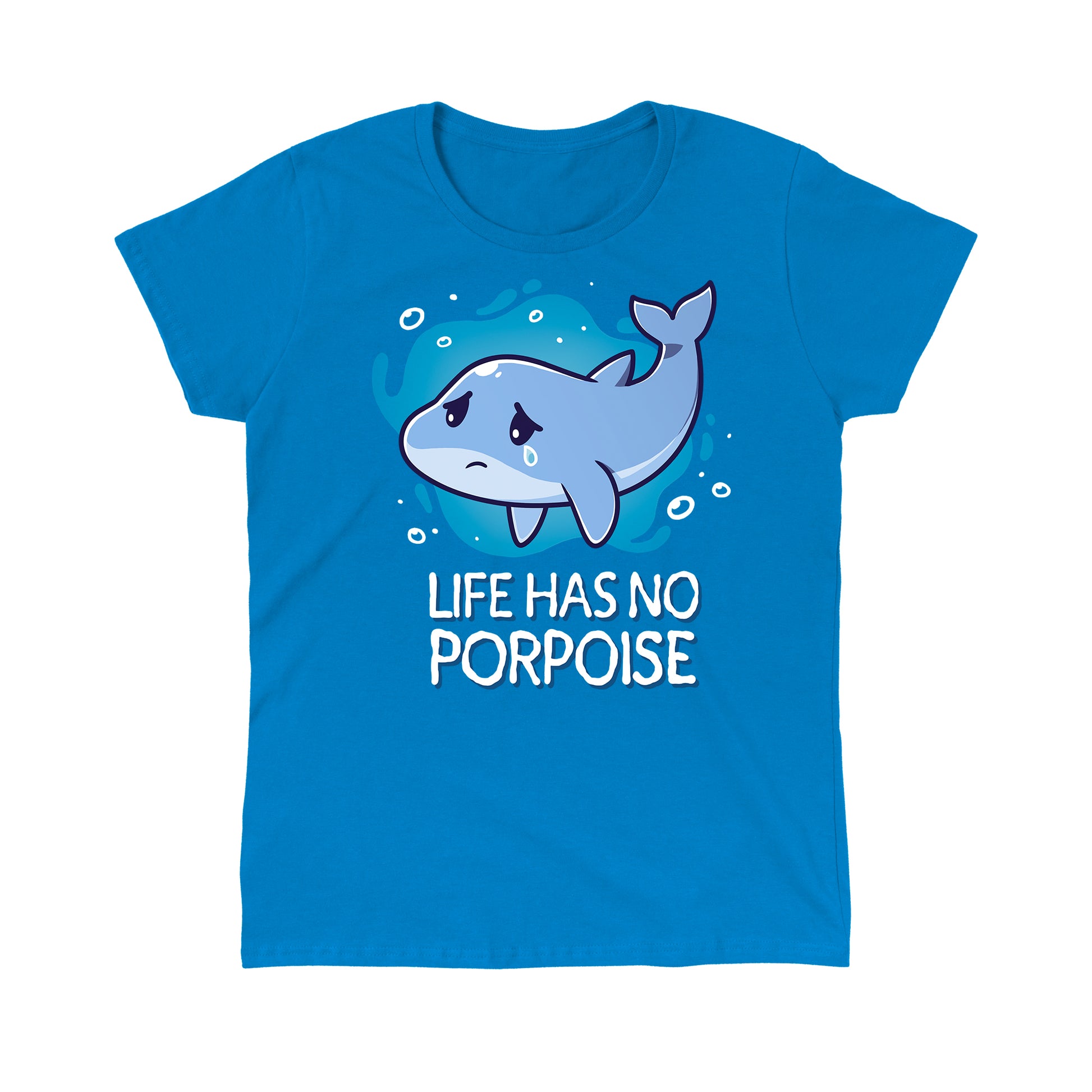 Classic Cotton T-shirt_TeeTurtle Life Has No Porpoise Sapphire Blue t-shirt featuring a cartoon of a whale with a single tear floating in water with the text "Life Has No Porpoise" beneath it. 