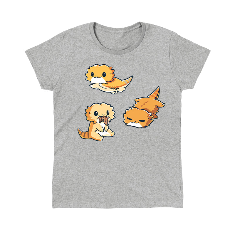 Classic Cotton T-shirt_TeeTurtle Lil Bearded Dragons Heather Gray t-shirt featuring three cartoon-style illustrations of Lil' Bearded Dragons in various poses: sitting and holding food, laying down, and standing on all fours with a happy expression.