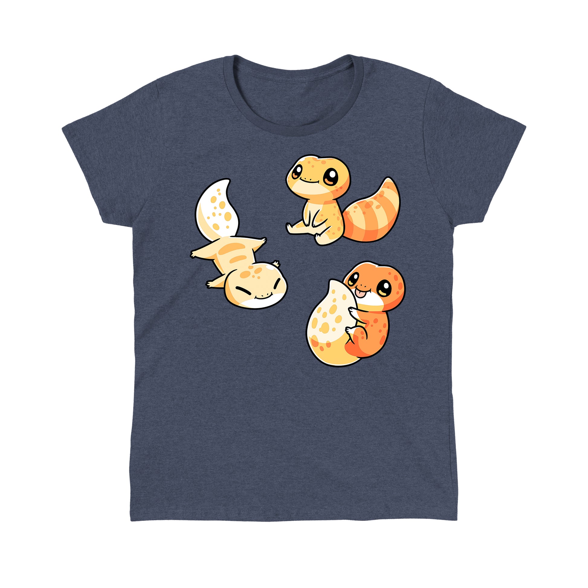 Classic Cotton T-shirt_TeeTurtle Lil Geckos heather navy blue t-shirt featuring three Lil' Geckos with varying yellow and orange patterns, sitting.