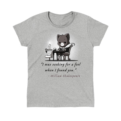 Classic Cotton T-shirt_TeeTurtle Literary Savage heather gray t-shirt featuring a gray cat dressed as William Shakespeare who sits at a desk with a quill and scroll writing. The text reads, "I was seeking for a fool when I found you." - William Shakespeare.