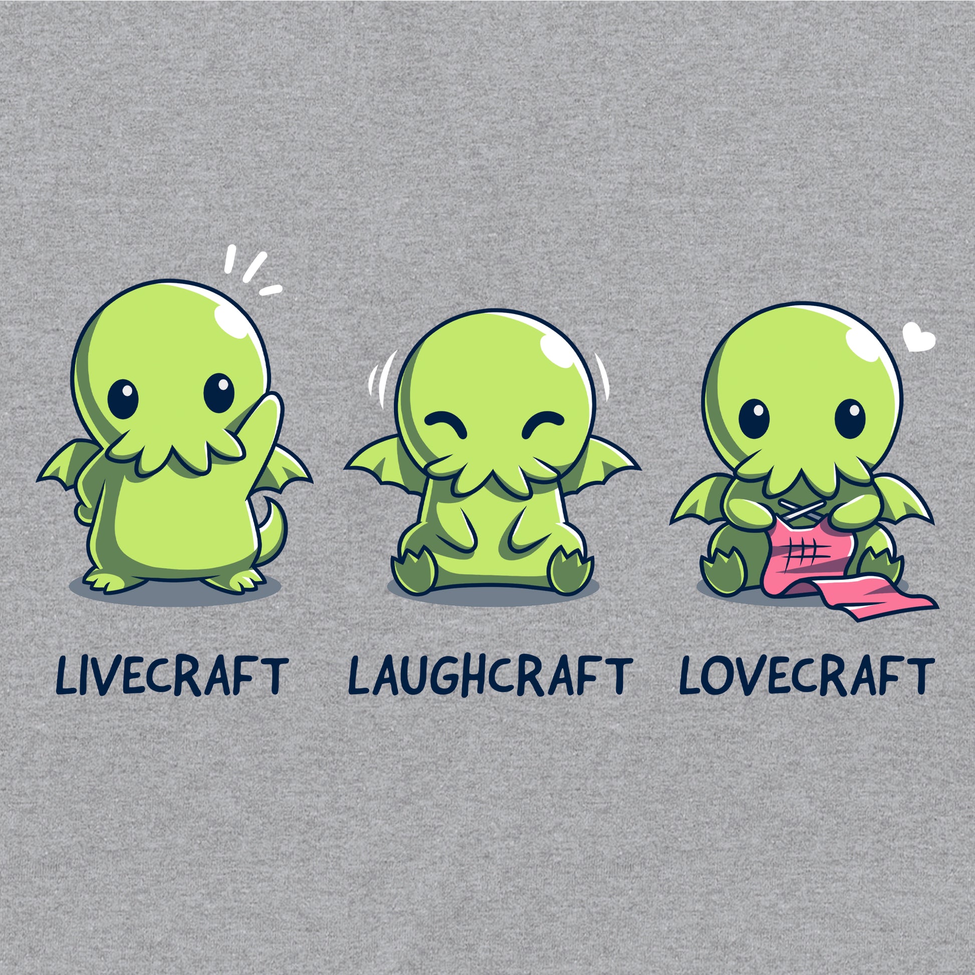 Pullover Hoodie_TeeTurtle sport gray Livecraft, Laughcraft, Lovecraft. Featuring a chibi Cthulhu waving, laughing, and crafting.