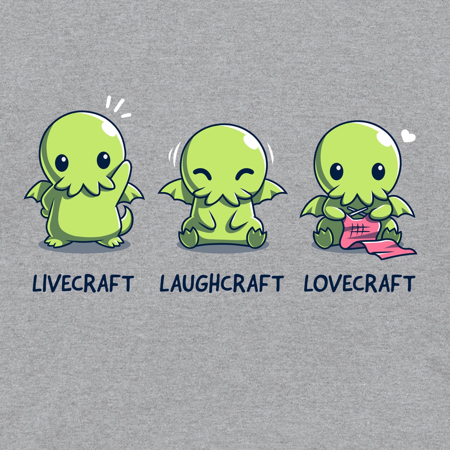 Classic Cotton T-shirt_TeeTurtle sport gray Livecraft, Laughcraft, Lovecraft. Featuring a chibi Cthulhu waving, laughing, and crafting.