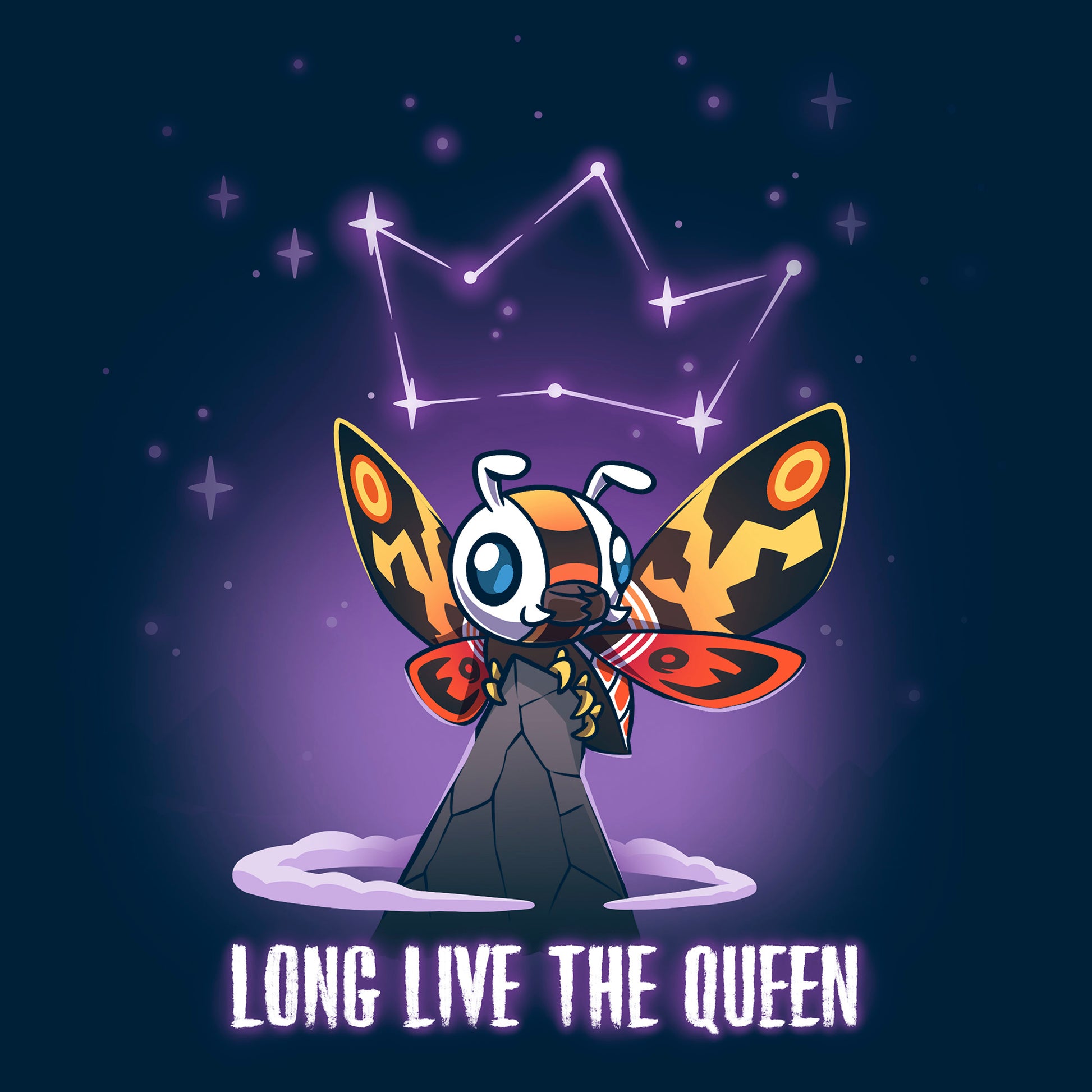 Pullover Hoodie_TeeTurtle navy blue Long Live The Queen apparel featuring Mothra perched on a mountain peak with a constellation of stars forming a crown above her head, with the caption, “Long Live The Queen“ at the bottom.