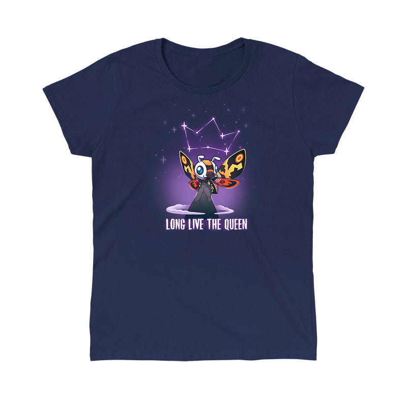 Classic Cotton T-shirt_TeeTurtle navy blue Long Live The Queen apparel featuring Mothra perched on a mountain peak with a constellation of stars forming a crown above her head, with the caption, “Long Live The Queen“ at the bottom.