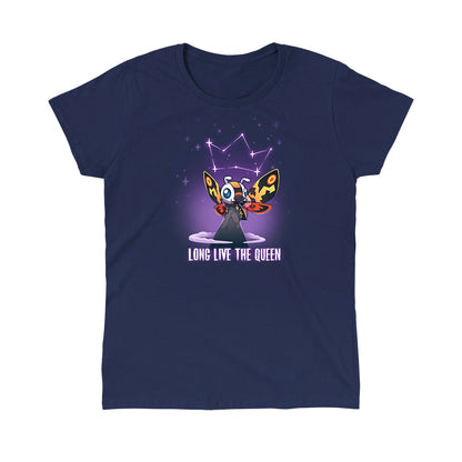 Classic Cotton T-shirt_TeeTurtle navy blue Long Live The Queen apparel featuring Mothra perched on a mountain peak with a constellation of stars forming a crown above her head, with the caption, “Long Live The Queen“ at the bottom.