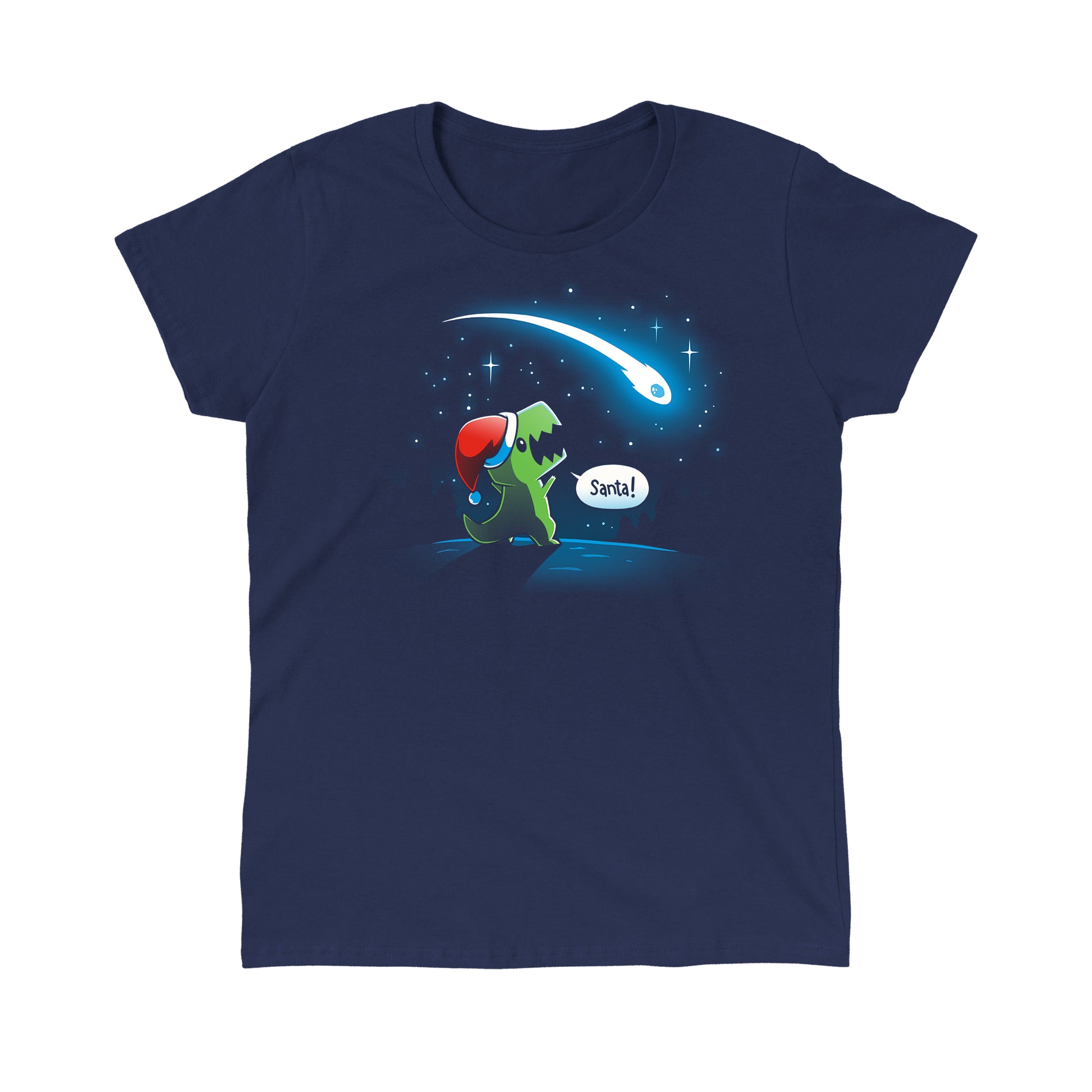 Classic Cotton T-shirt_TeeTurtle Look, Santa! navy blue t-shirt featuring a dinosaur with a Christmas santa hat on looking at a meteor, shouting “Santa!”