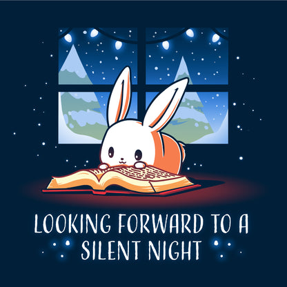 Long Sleeve T-shirt_TeeTurtle navy blue Looking Forward to a Silent Night. Featuring a reading bunny with a snowy forest outside.