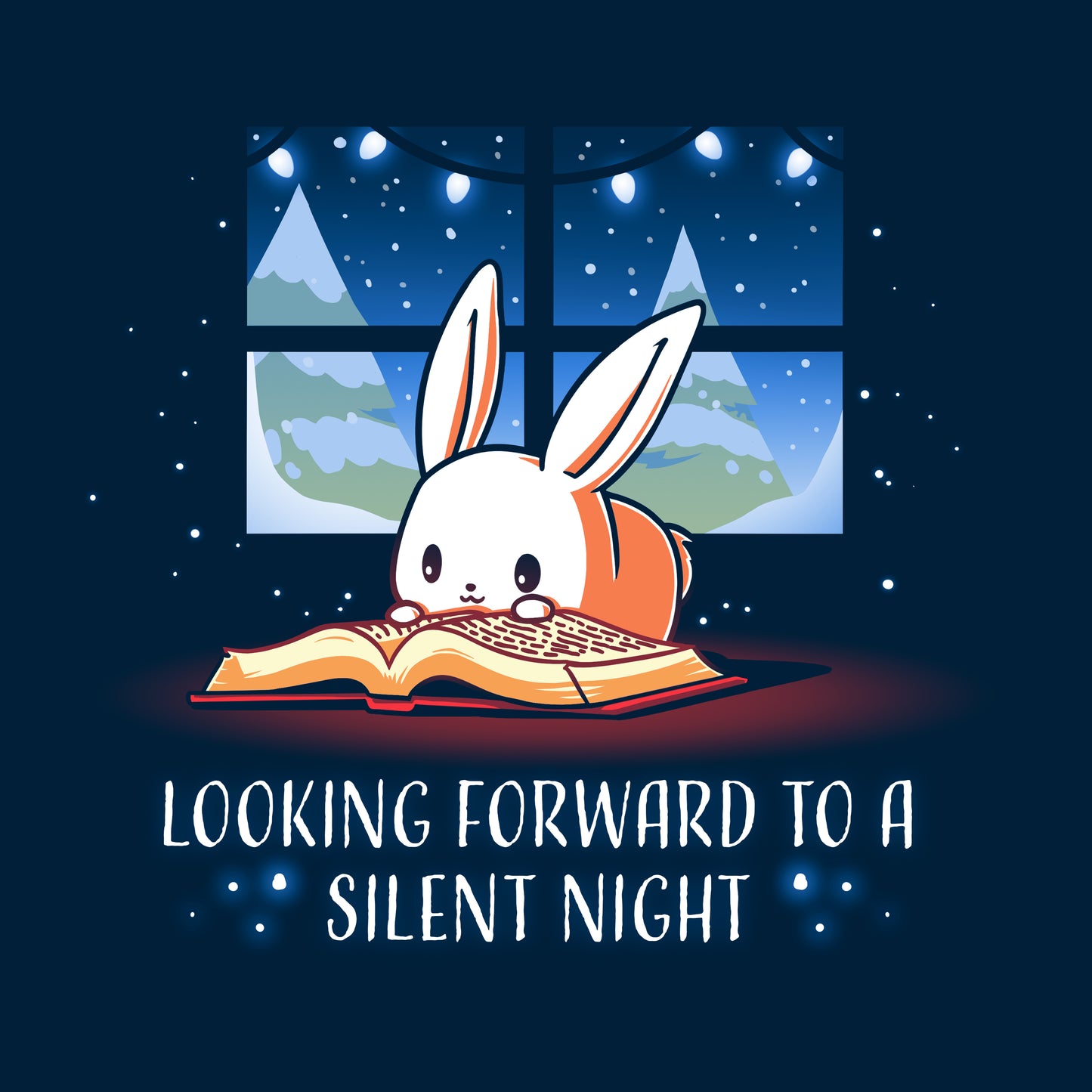 Classic Cotton T-shirt_TeeTurtle navy blue Looking Forward to a Silent Night. Featuring a reading bunny with a snowy forest outside.