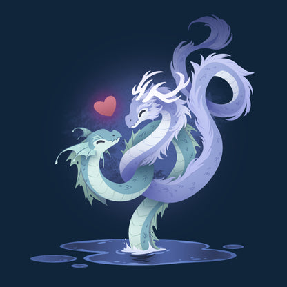 Classic Cotton T-shirt_TeeTurtle  navy blue Love Entwined apparel featuring two entwined dragons emerging from a lake.