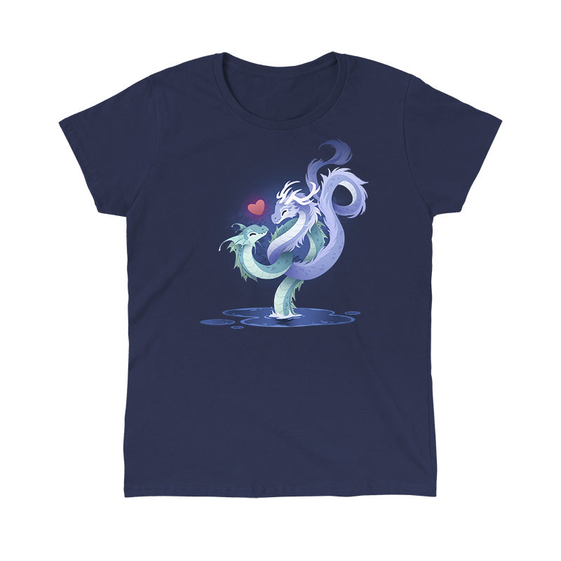 Classic Cotton T-shirt_TeeTurtle  navy blue Love Entwined apparel featuring two entwined dragons emerging from a lake.