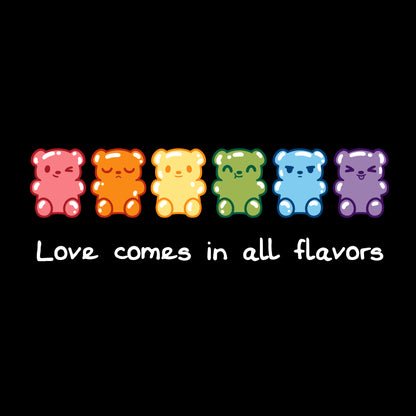 Pullover Hoodie_Image of seven gummy bears in various colors (red, orange, yellow, green, blue, purple) with the caption "Love comes in all flavors." Perfect for pairing with our super soft ringspun cotton Love Comes In All Flavors apparel by monsterdigital.