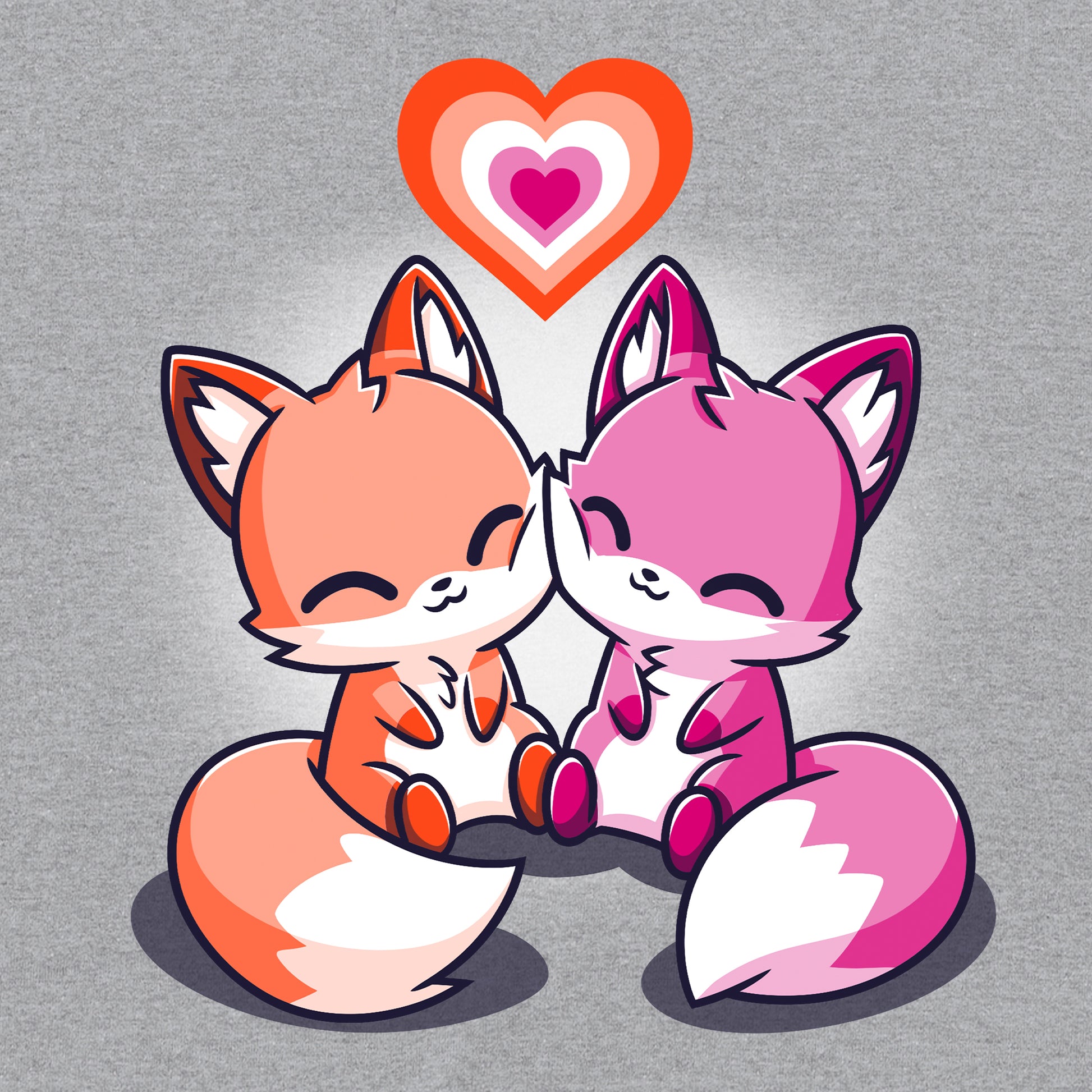 Classic Cotton T-shirt_TeeTurtle Love Out Loud heather gray t-shirt featuring one orange fox and one pink fox smiling and pressing their cheeks together with a pride flag heart above them.