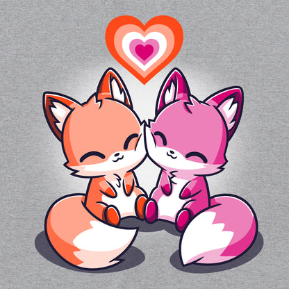 Classic Cotton T-shirt_TeeTurtle Love Out Loud heather gray t-shirt featuring one orange fox and one pink fox smiling and pressing their cheeks together with a pride flag heart above them.