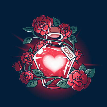 Classic Cotton T-shirt_TeeTurtle Love Potion navy blue t-shirt featuring a glowing red heart-shaped potion bottle surrounded by roses and vines. A tag with "XOXO" hangs from the bottle.