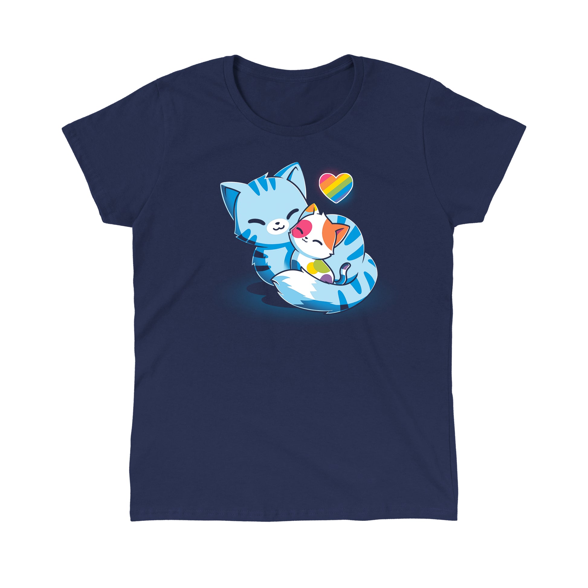  Classic Cotton T-shirt_TeeTurtle Love in All Colors navy blue t-shirt featuring two cartoon cats cuddling in a pride design. The larger cat is navy blue with stripes, and the smaller cat has multi colored patches. A rainbow-colored heart hovers above them.