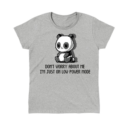 Classic Cotton T-shirt_TeeTurtle Low Power Mode heather gray t-shirt featuring pixel art of a panda sitting with the text "Don't worry about me, I'm just on low power mode" in a playful, retro style.