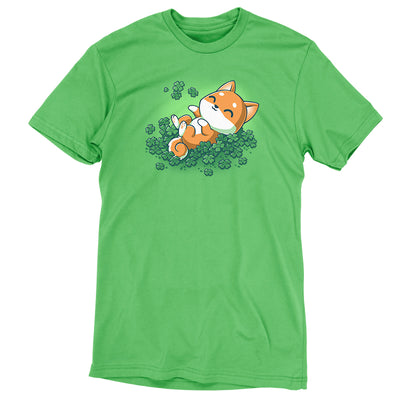 Premium Cotton T-shirt_TeeTurtle Lucky Shiba apple apparel featuring a happy shiba inu dog rolling around in four leaf clovers.