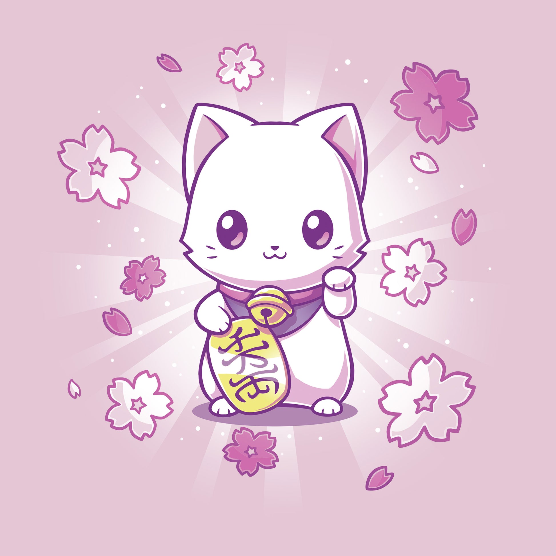 Classic Cotton T-shirt_TeeTurtle light pink Lucky Sakura Kitty apparel featuring a cat with one paw raised and one paw holding a gold coin, surrounded by cherry blossoms.